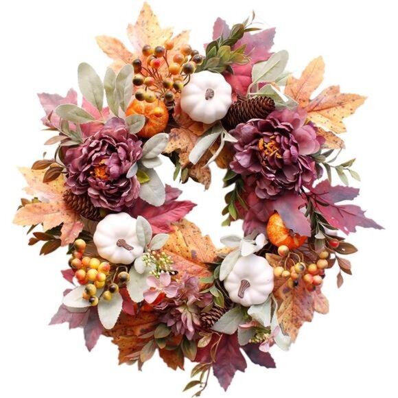 20Inch Fall Wreaths for Front Door,Fall Door Wreath with White Pumpkins - Picture 1 of 8
